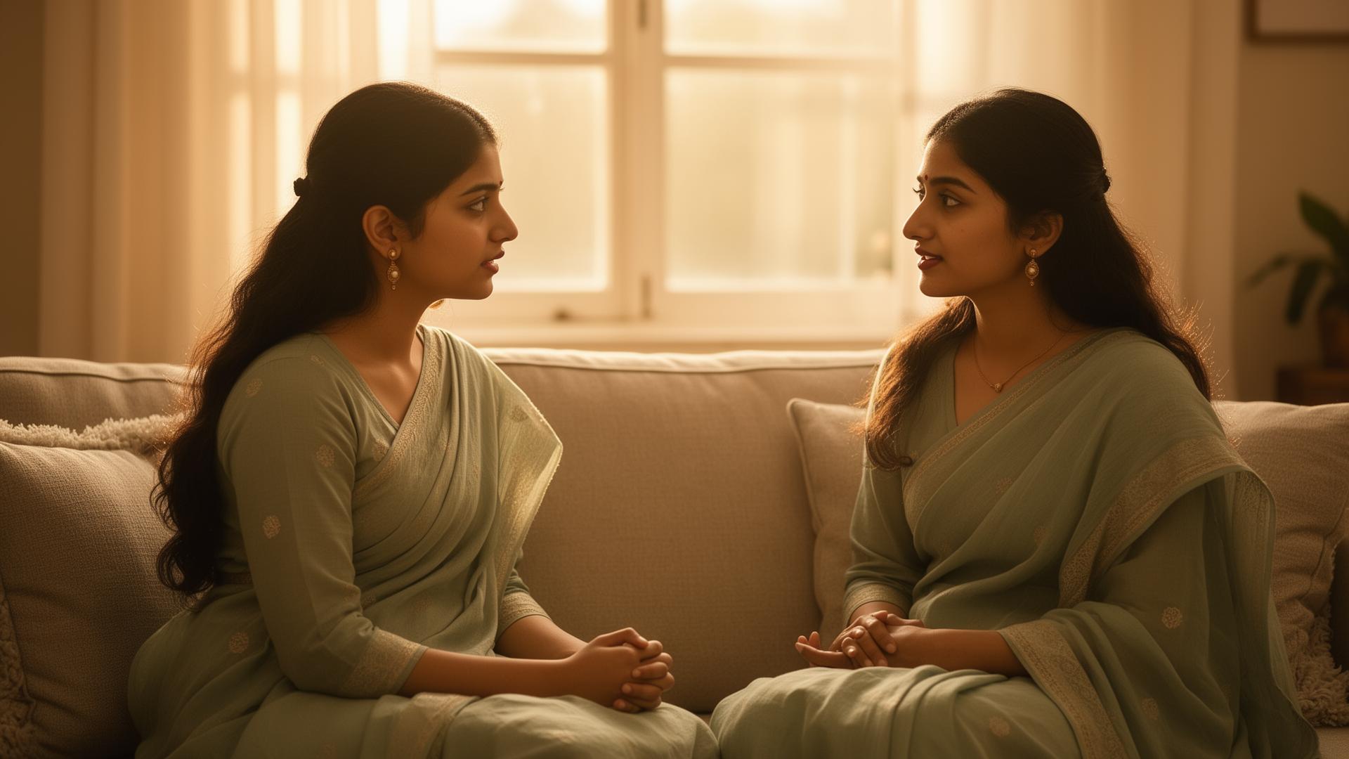 A mother and her teenage daughter having a calm, connected conversation